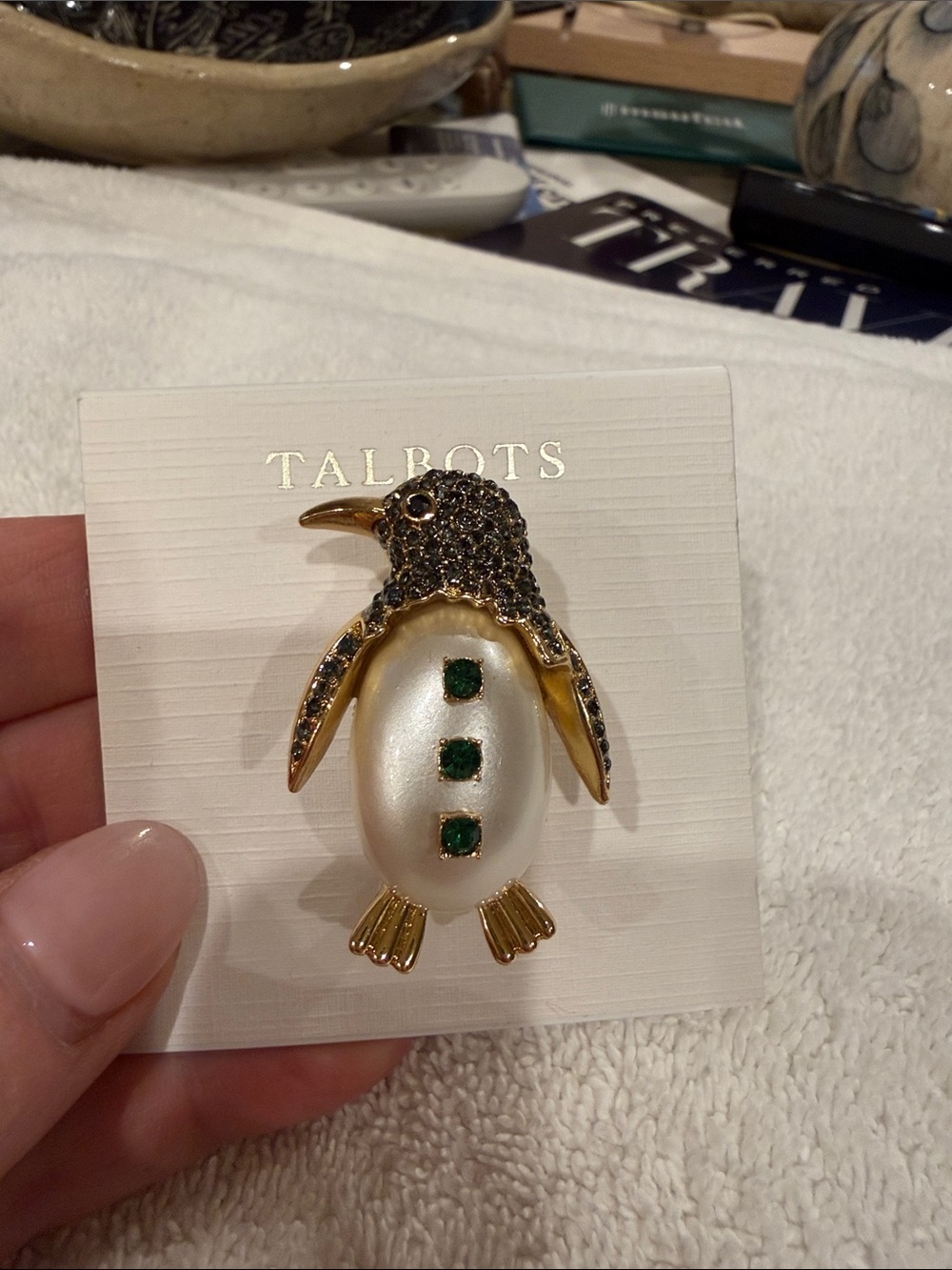 Talbots Gold-Tone Penguin Brooch with Pearl Body and Green Stones